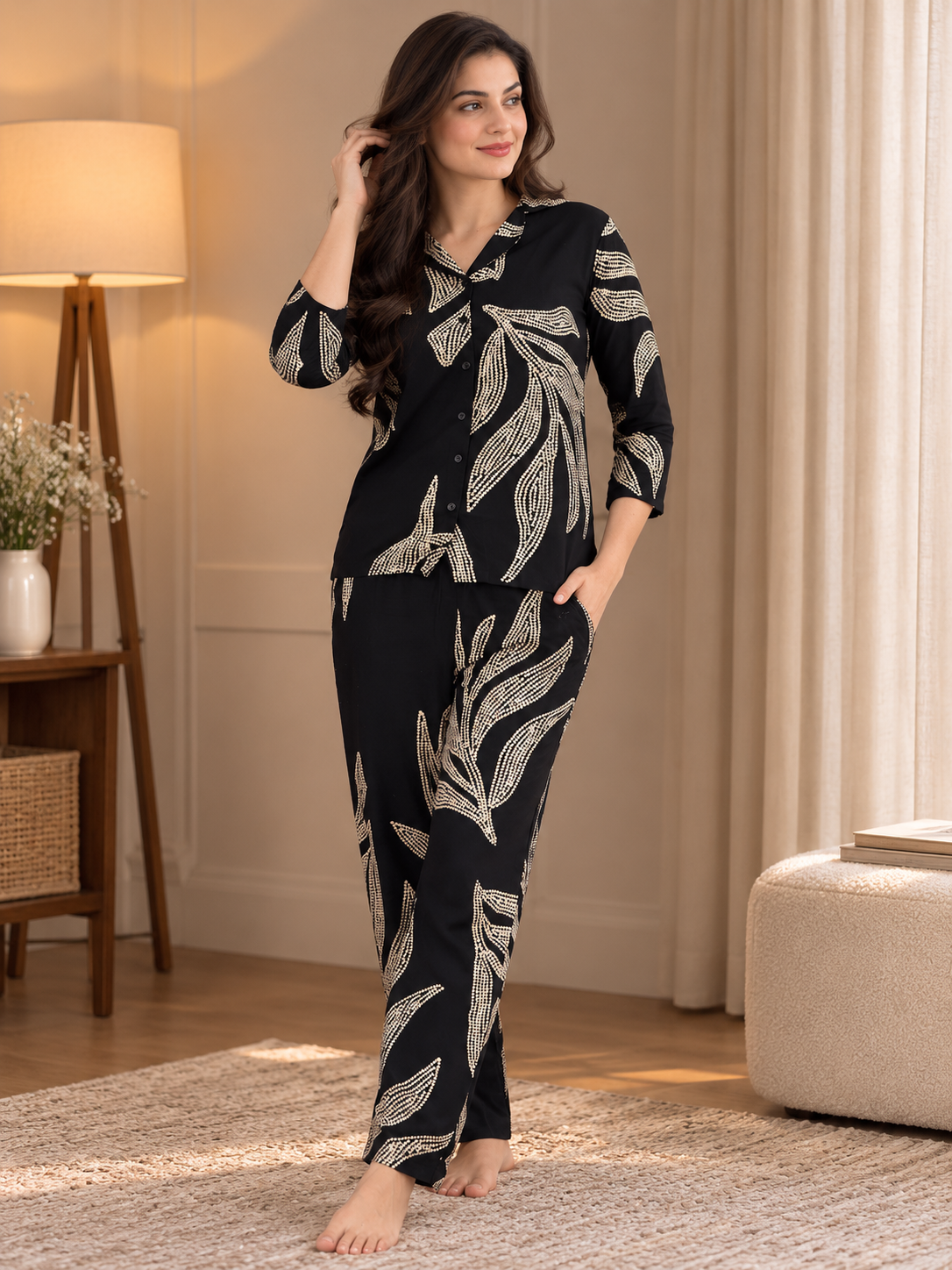 Black Floral Viscose Rayon Night Suit for Women | Claura