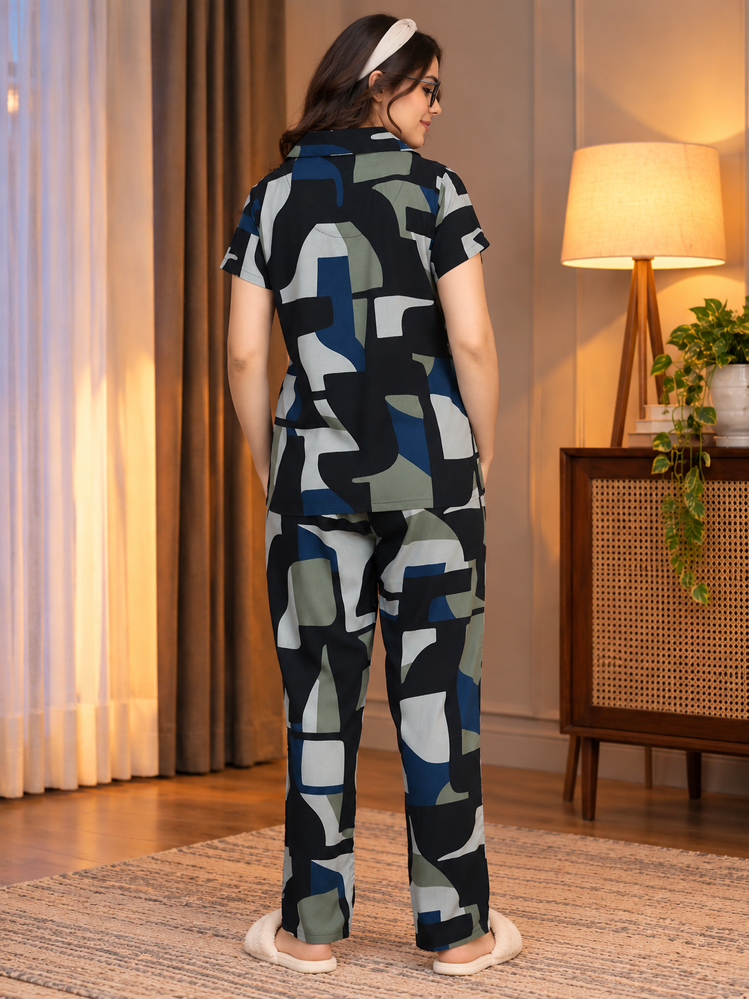 Multicolor Abstract Viscose Rayon Night Suit for Women | Claura