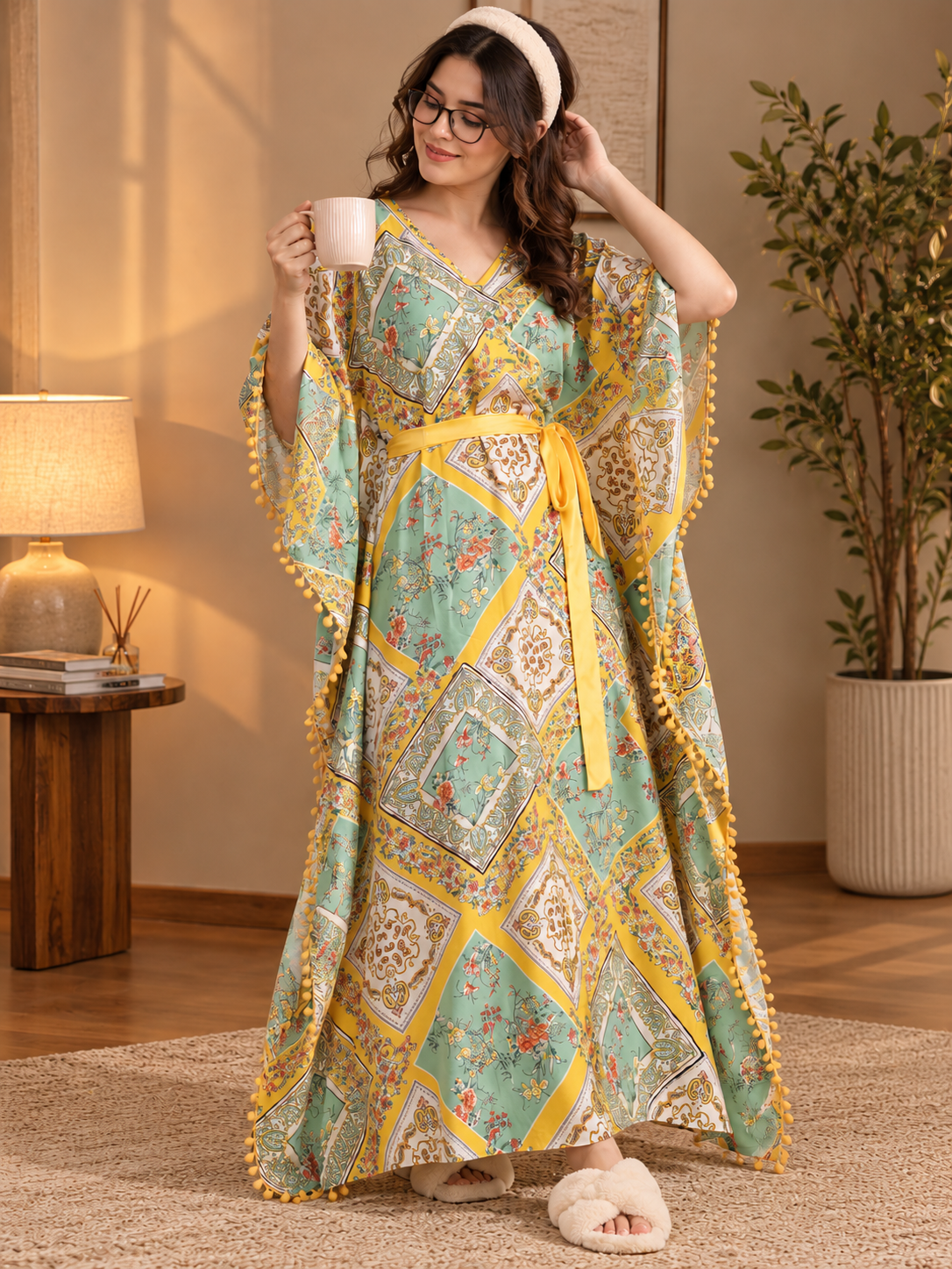 Yellow Floral Rayon Kaftan Dress for Women | Claura
