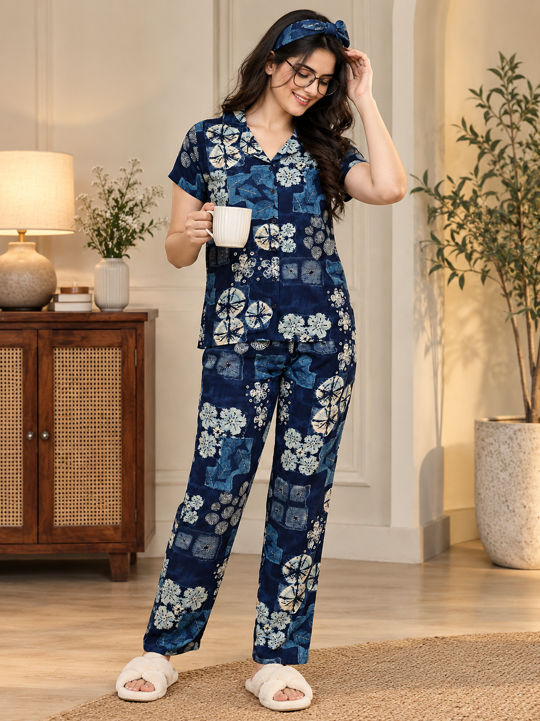 Navy Blue Abstract Printed Rayon Night Suit for Women | Claura