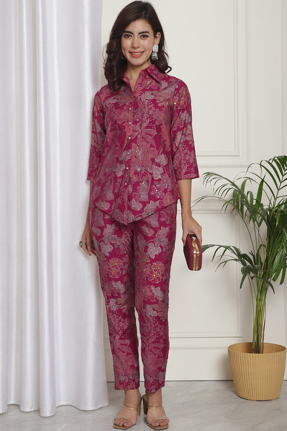 Close-up of Chanderi Silk fabric on Pink Floral Co-Ord Set