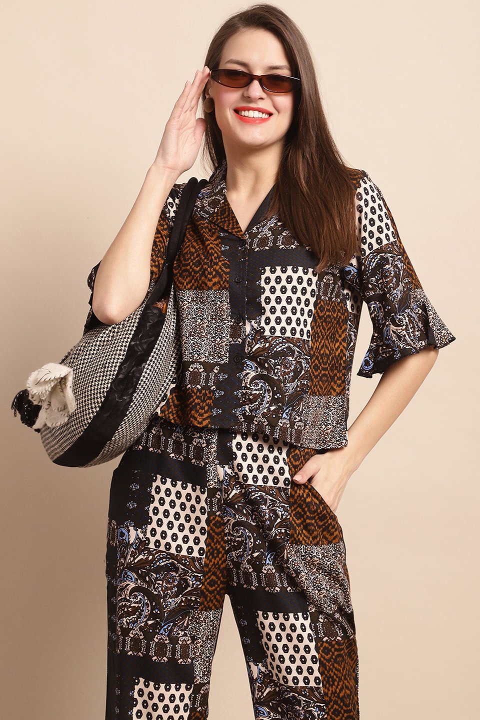 Close-up of Viscose Rayon fabric on Black & White Co-Ord Set