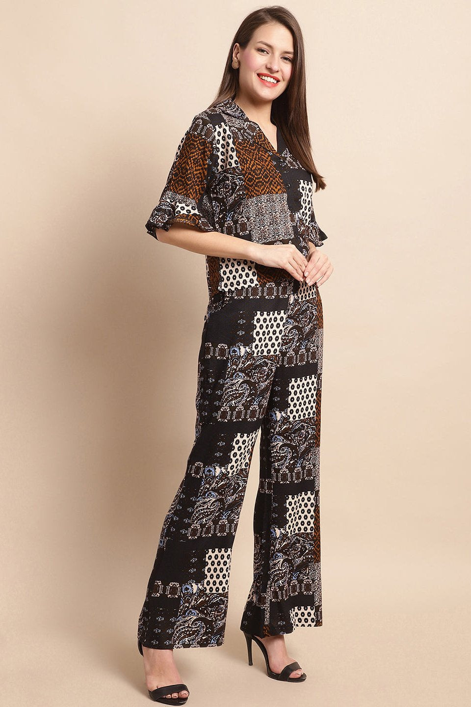 Black & White Abstract Printed Viscose Rayon Co-Ord Set for Women | Claura