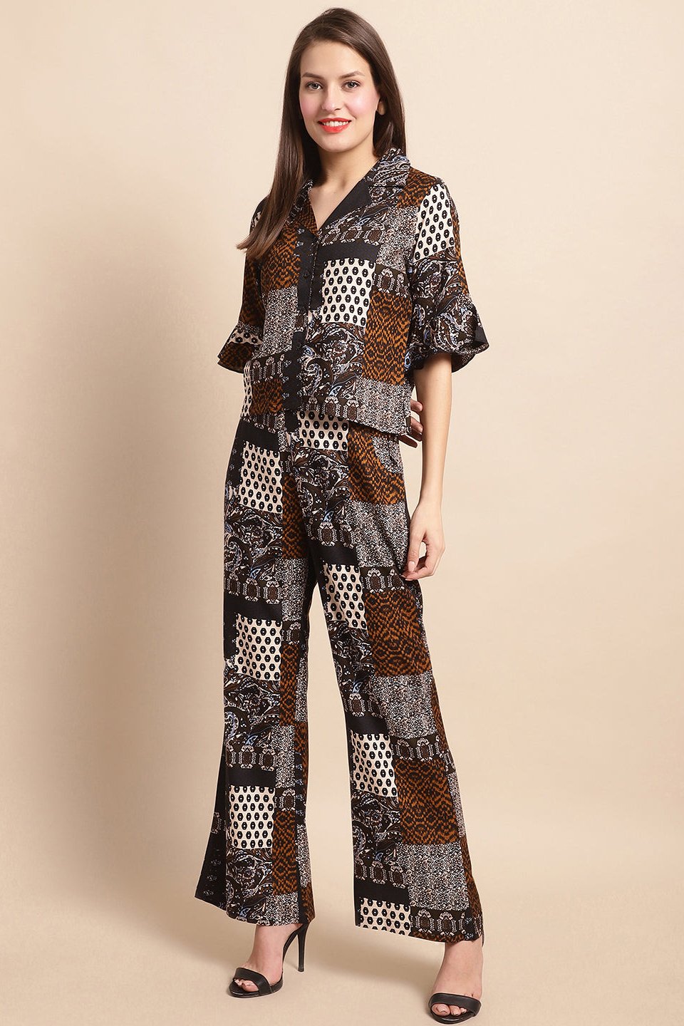 Black & White Abstract Printed Viscose Rayon Co-Ord Set for Women | Claura
