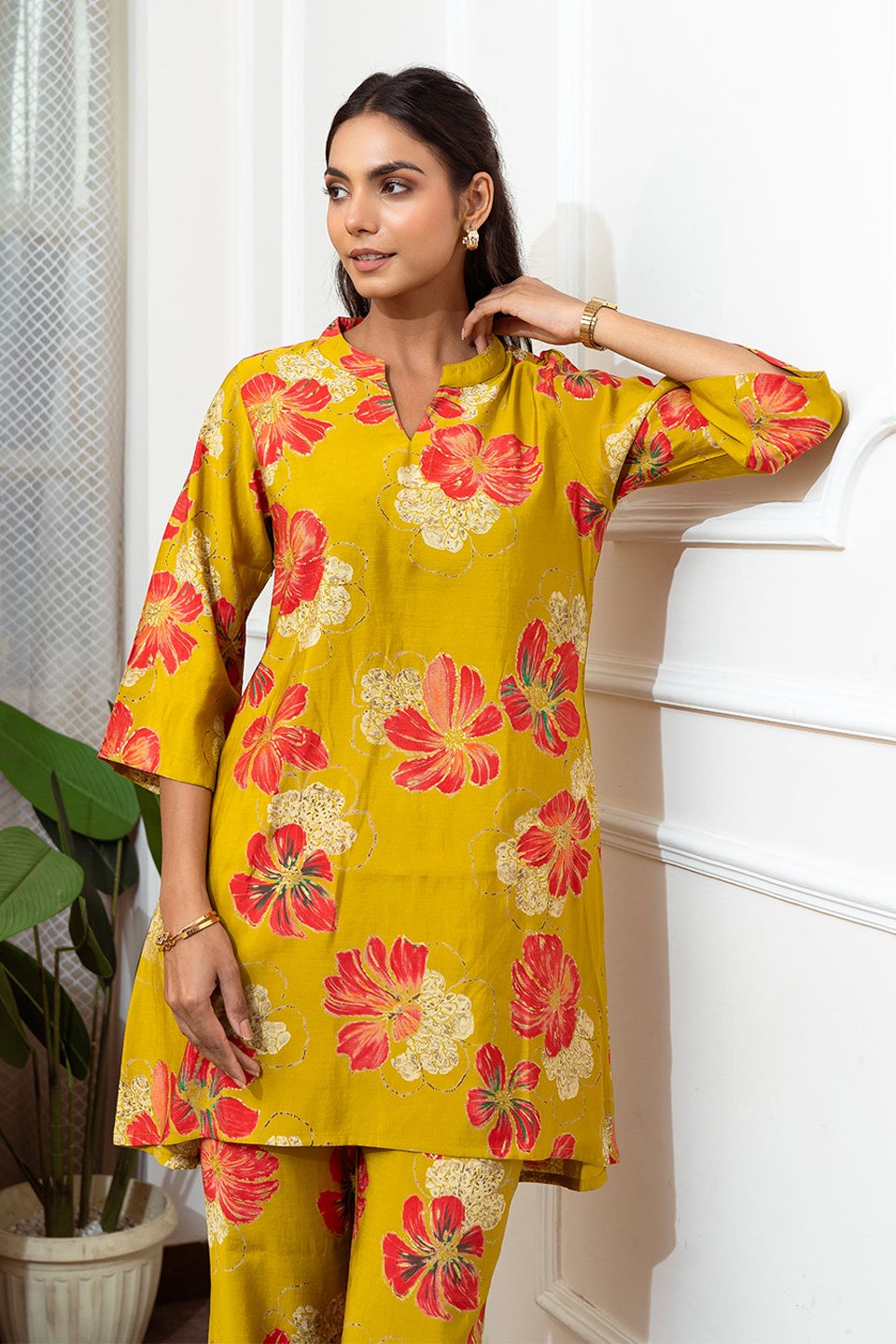 Close-up of Chanderi silk fabric on Mustard Co-Ord Set
