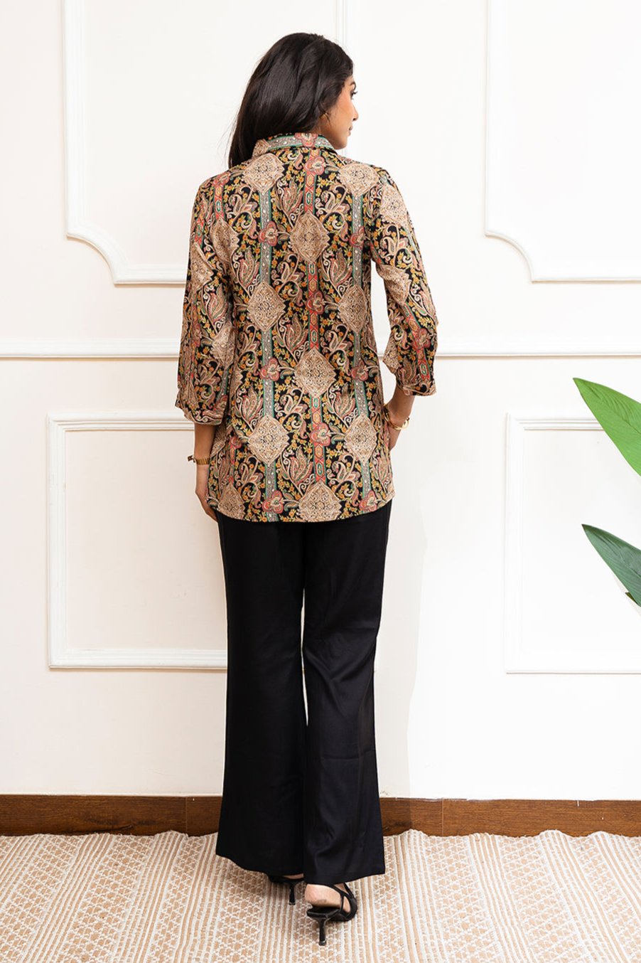 Black Co-Ord Set with Flowy Trousers & Mandarin Collar Tunic
