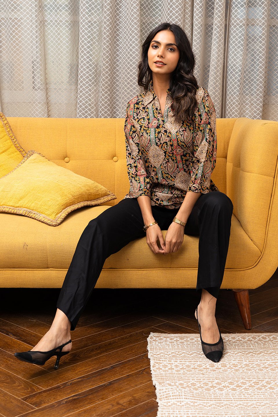 Lifestyle shot of Abstract Print Co-Ord Set for office wear
