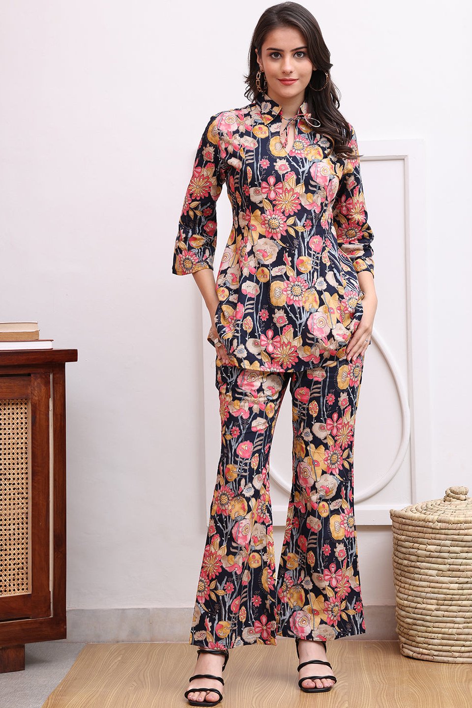 Woman wearing Navy Blue Floral Co-Ord Set