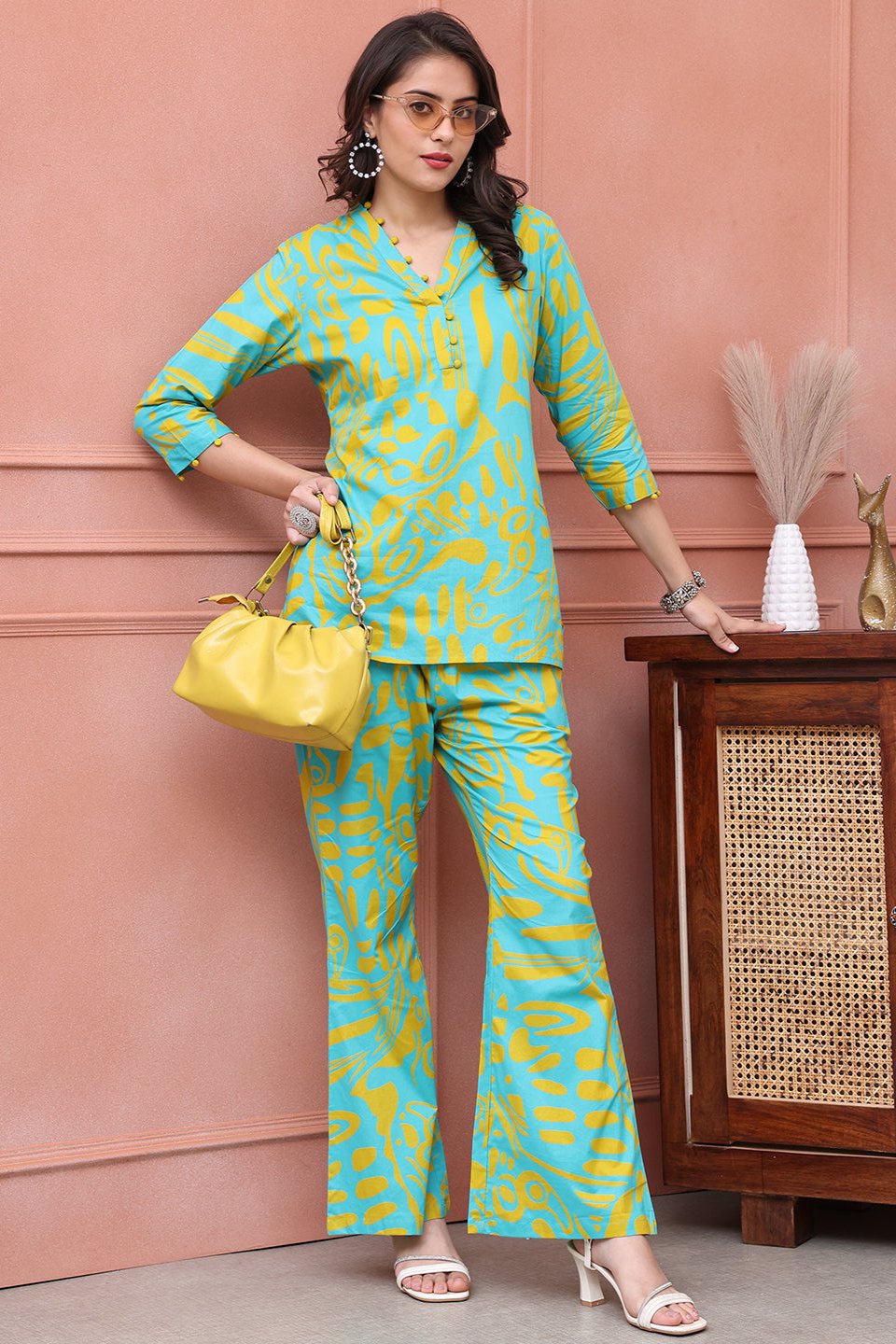 Woman wearing Blue Abstract Print Co-Ord Set
