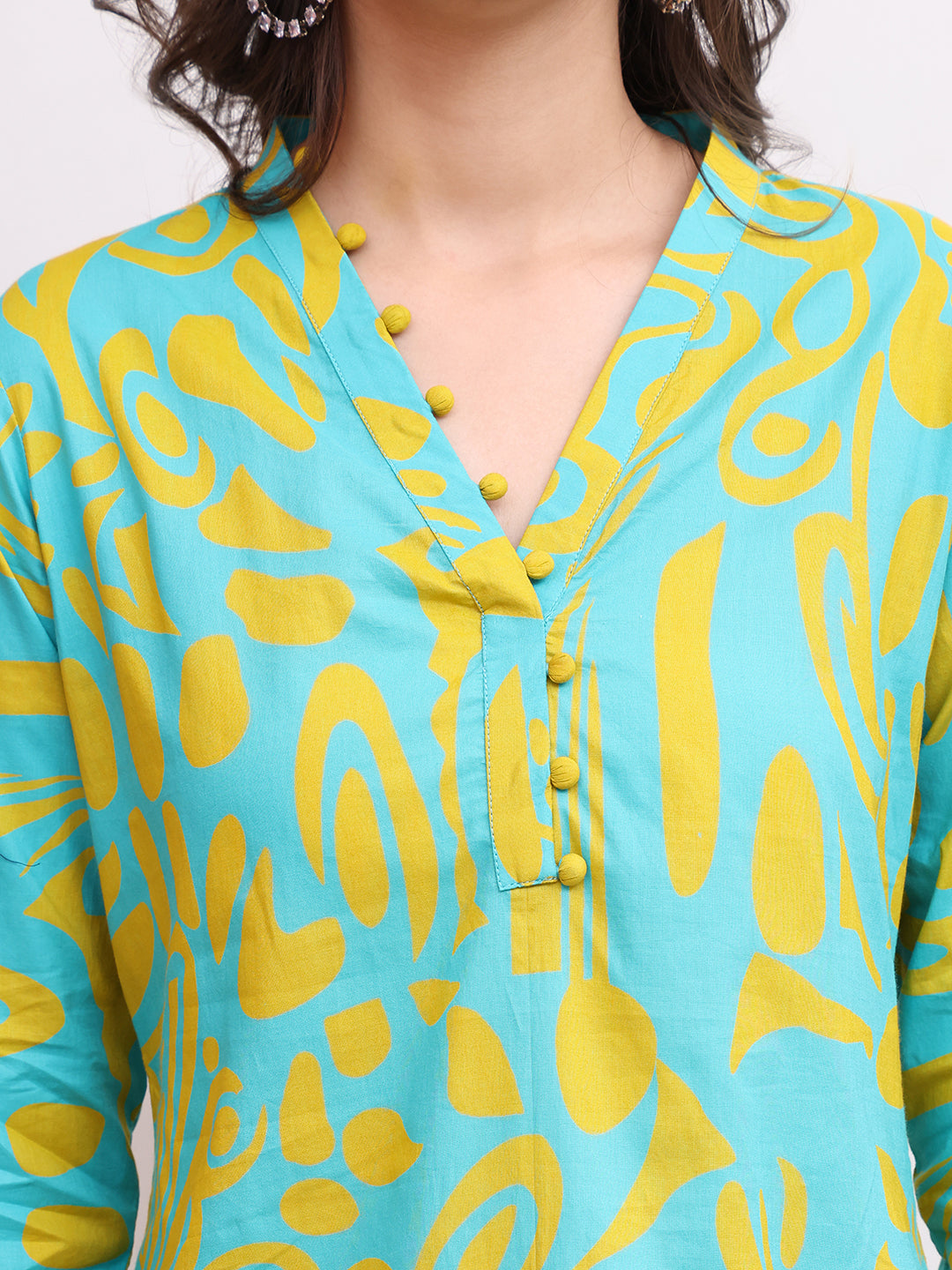 Close-up of Abstract Print on Cotton Blue Co-Ord Set

