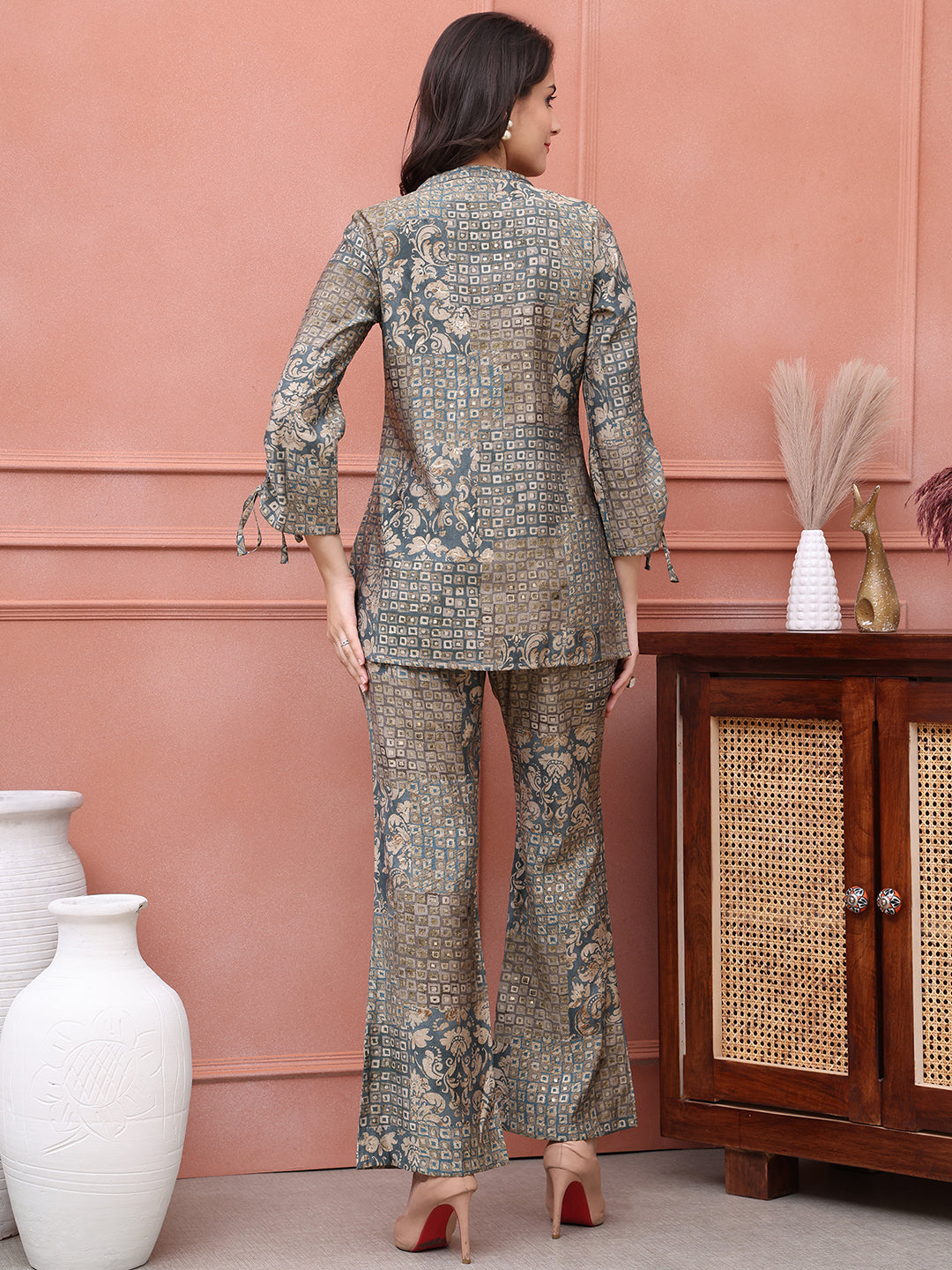 Grey Co-Ord Set with Flared Trousers & Tunic Top