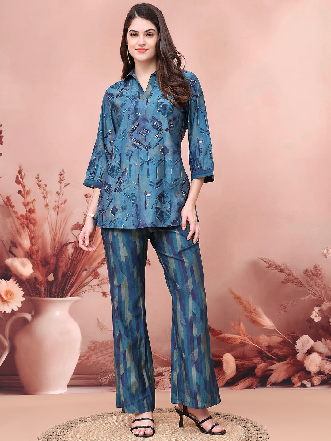 Woman wearing Blue Abstract Printed Co-Ord Set