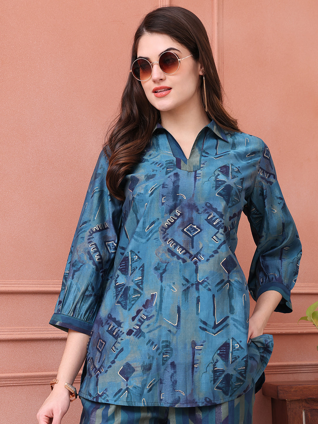 Close-up of Chanderi fabric detail on Blue Abstract Co-Ord Set.

