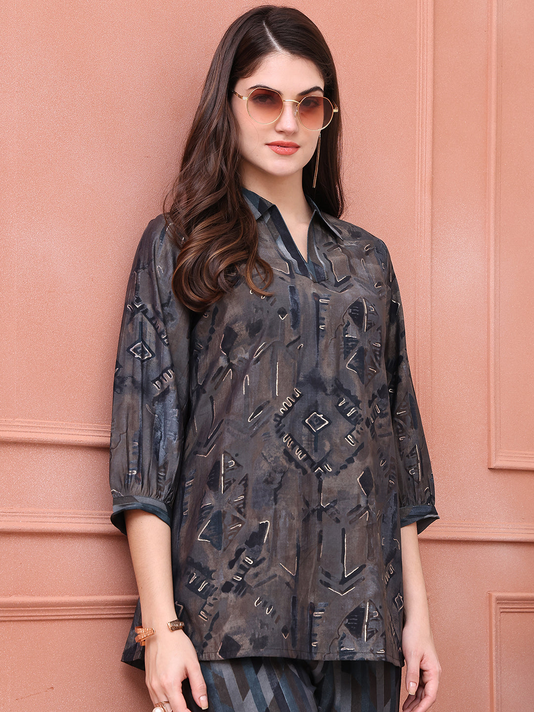 Close-up of Chanderi fabric on Grey Abstract Tunic