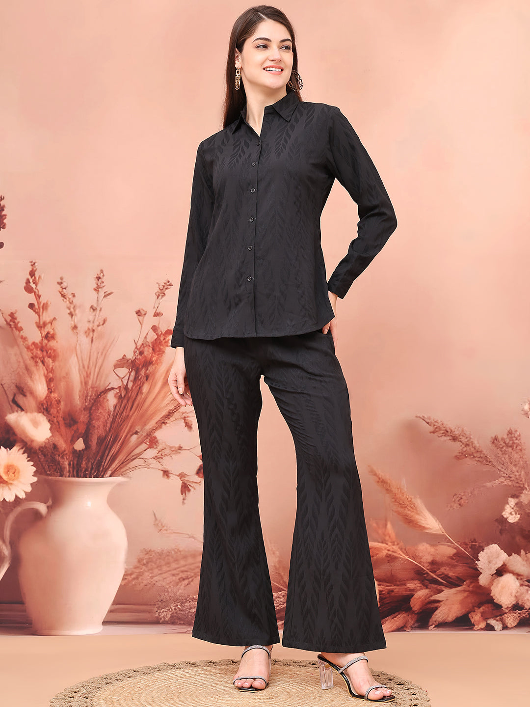 Woman wearing Black Self-Design Co-Ord Set
