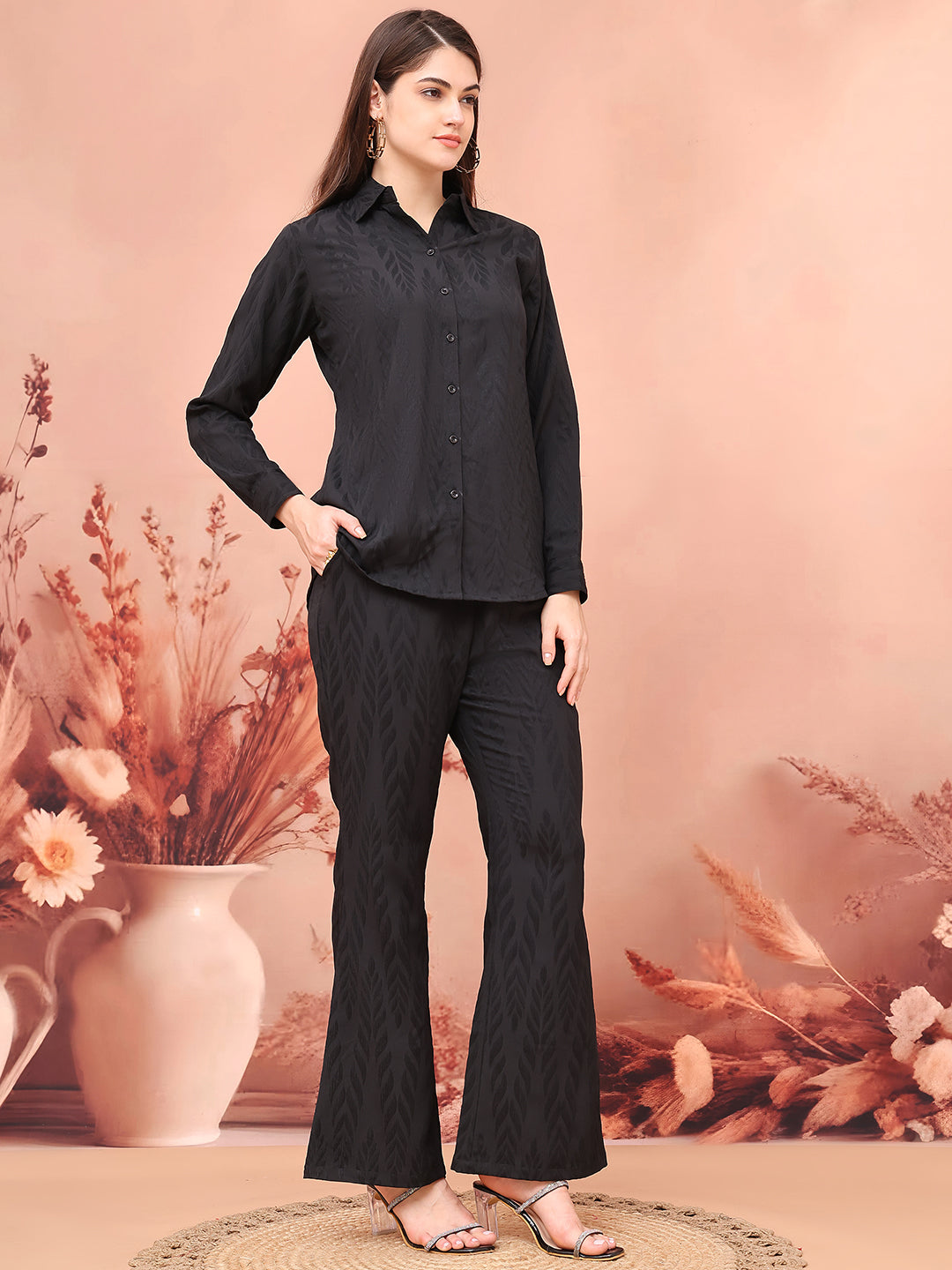 Black Co-Ord Set with Wide-Leg Trousers & Shirt Collar Tunic