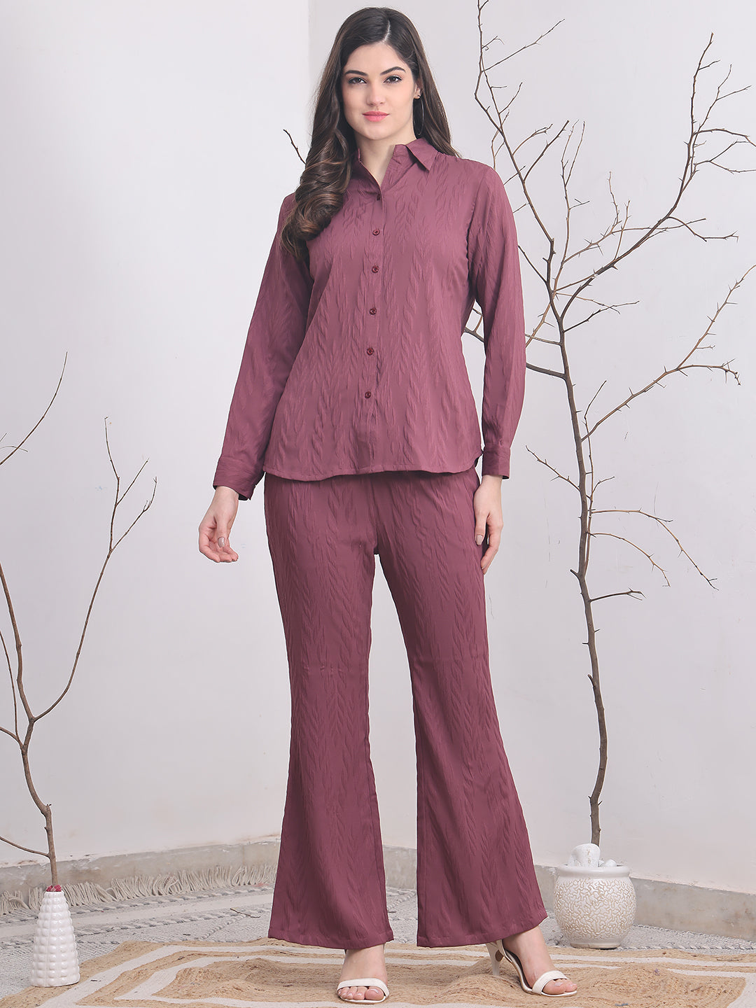 Woman wearing Purple Self-Design Co-Ord Set