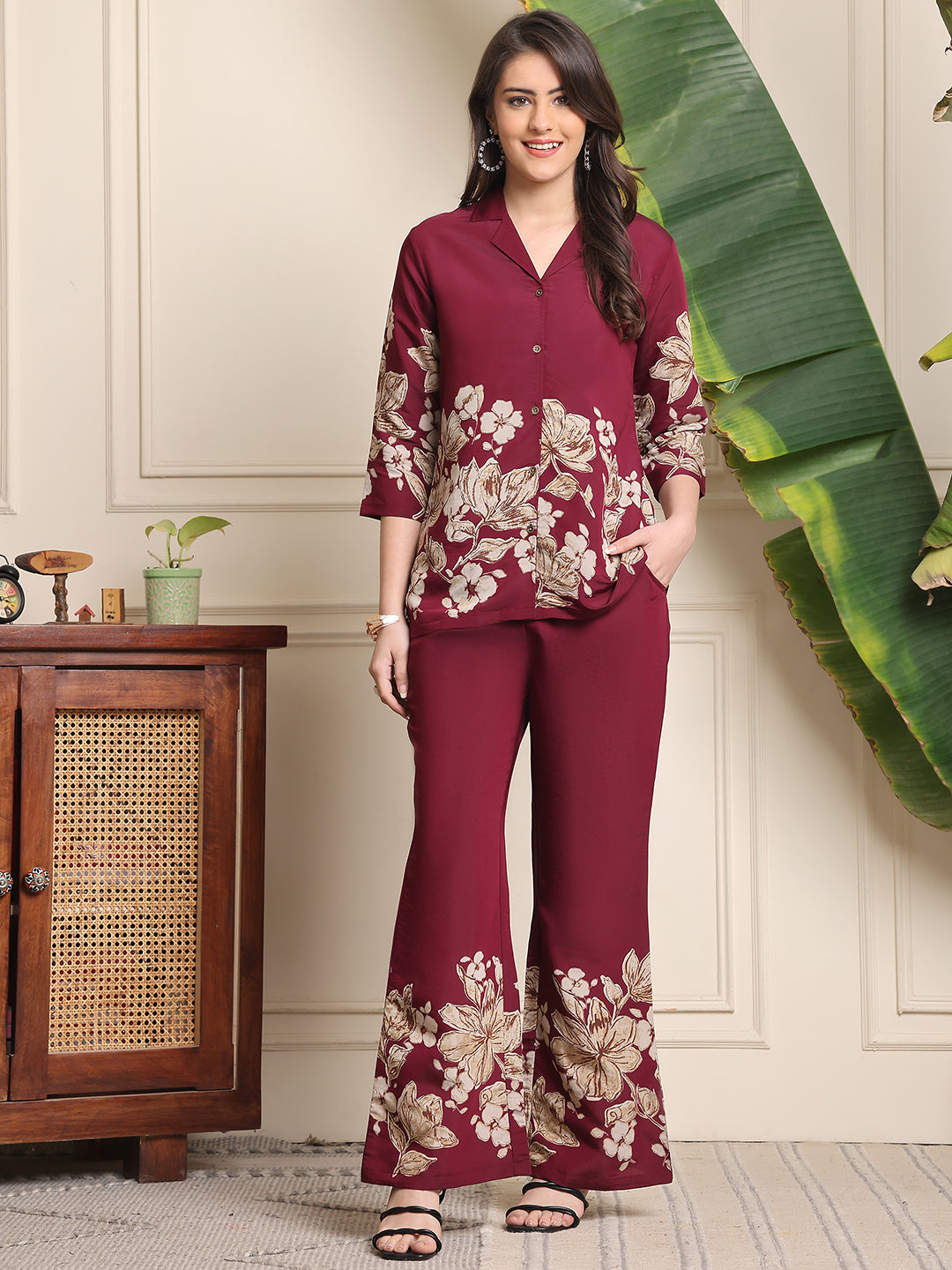 Woman wearing Wine Floral Co-Ord Set 


