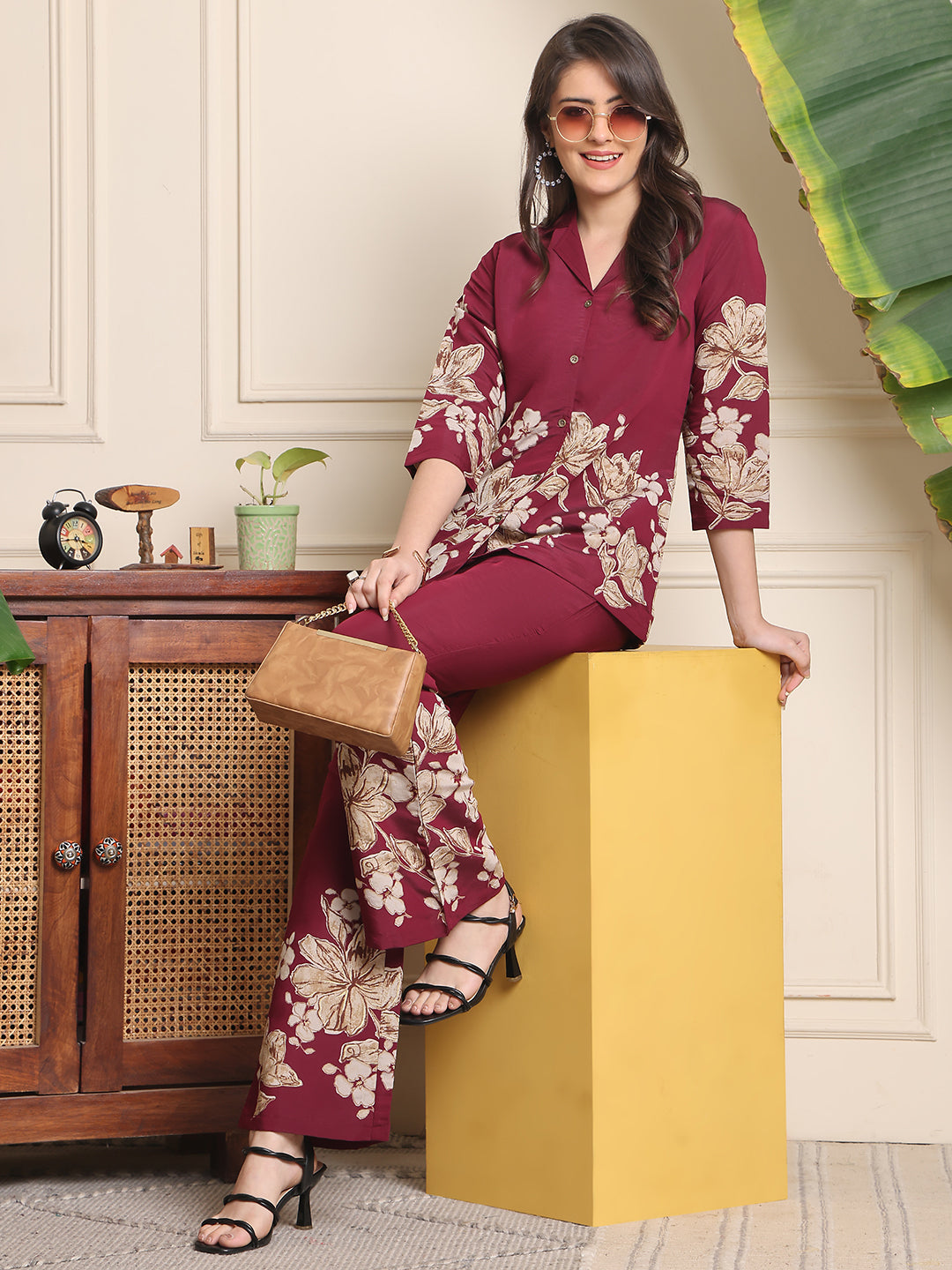 Close-up of the Chanderi fabric on the Wine Co-Ord Set



