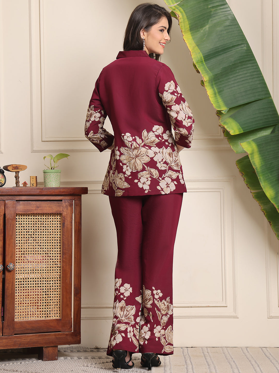 Back view of a model styling the Wine Floral co-ord outfit


