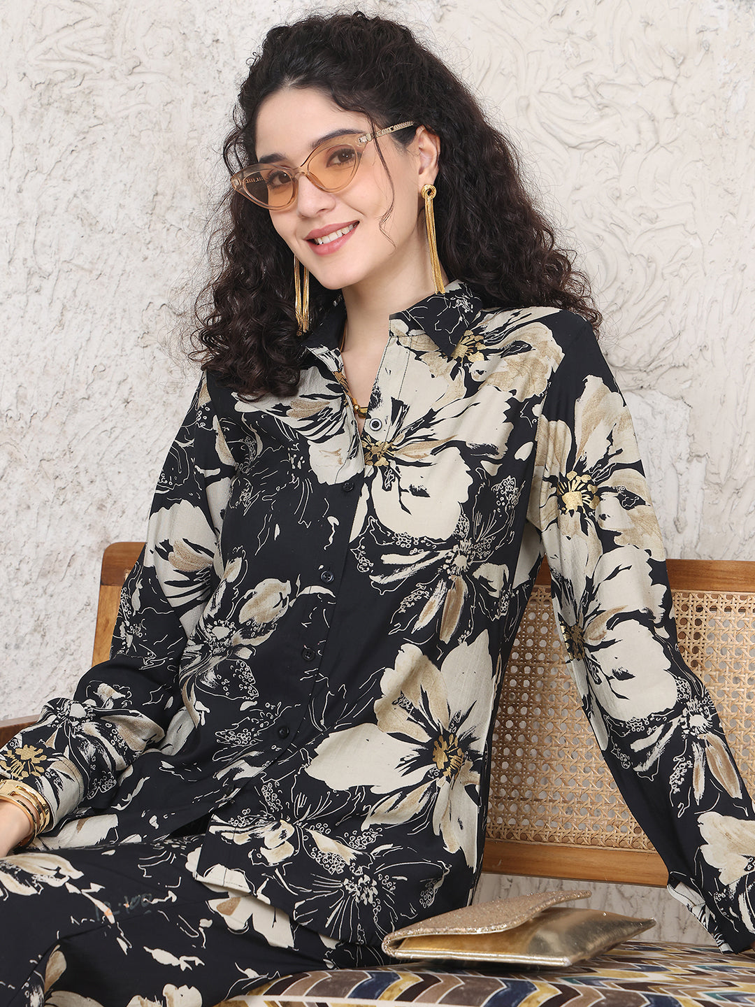 Close-up of Chanderi Silk floral print on Black Co-Ord Set

