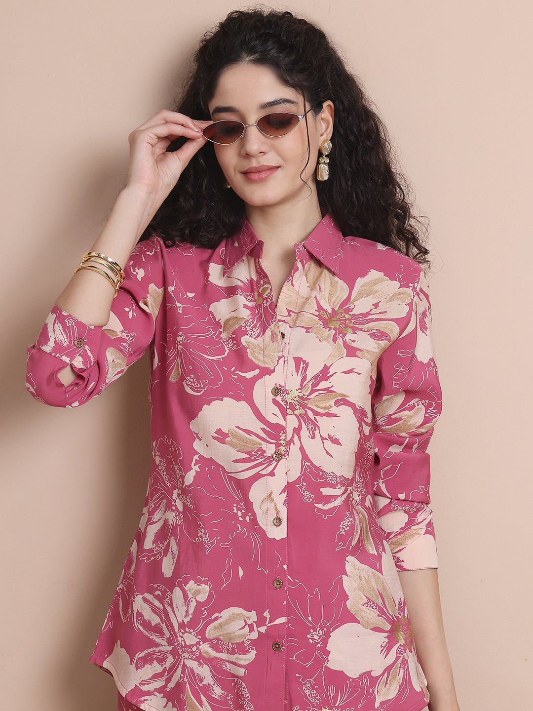 Woman wearing Pink Floral Co-Ord Set

