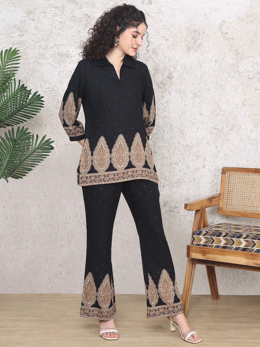 Black Abstract Co-Ord Set with relaxed pants & Mandarin Collar Top

