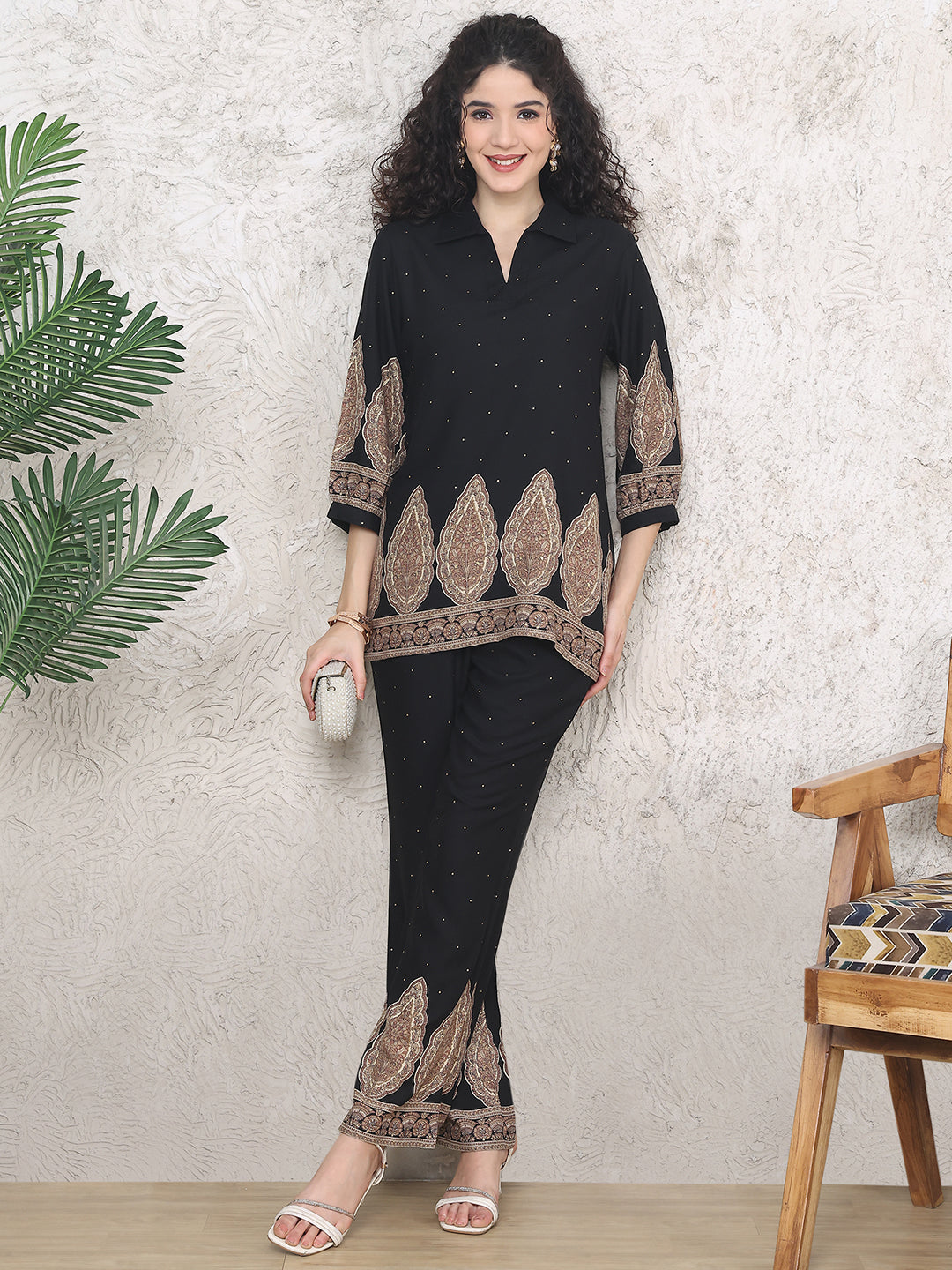 Woman wearing Black Abstract Printed Co-Ord Set

