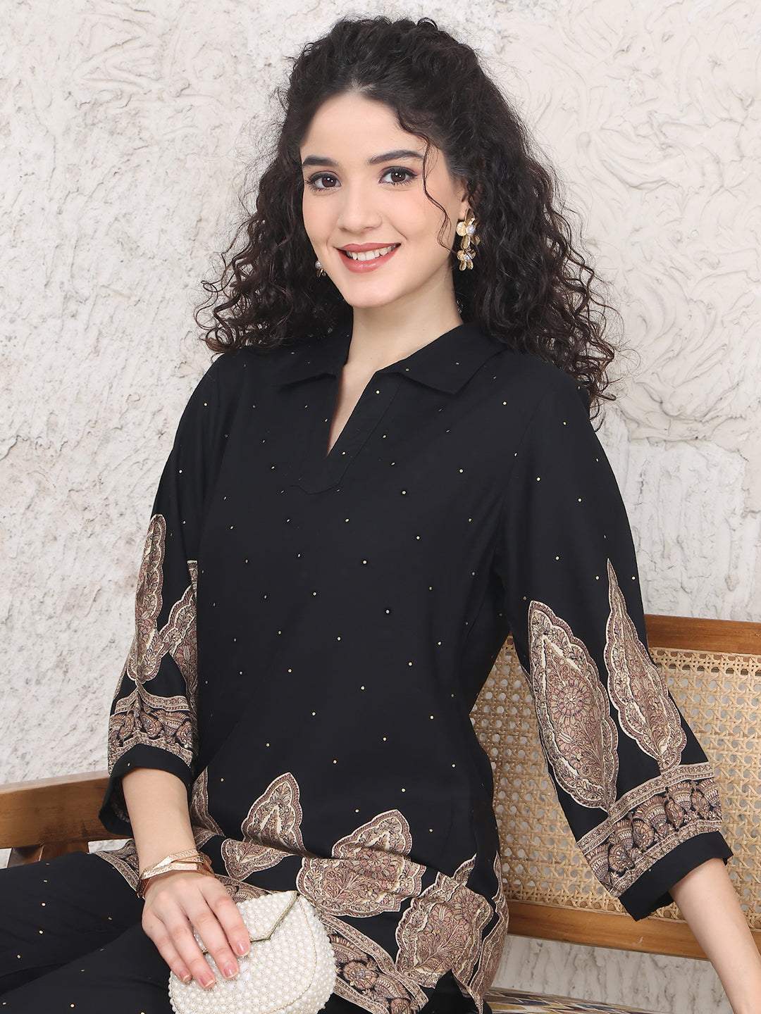 Close-up of Viscose Rayon fabric and Mandarin Collar on Black Co-Ord Set

