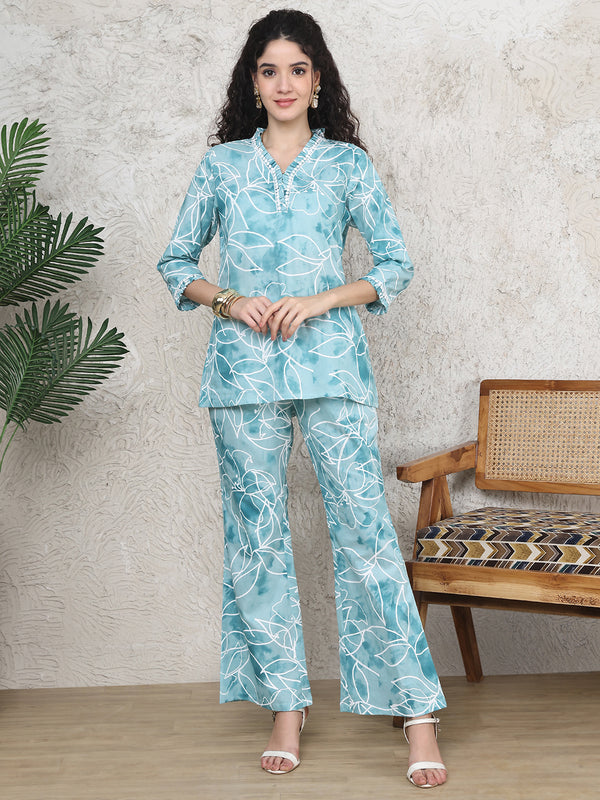 Blue Abstract Printed V-Neck Cotton Co-Ord Set for Women