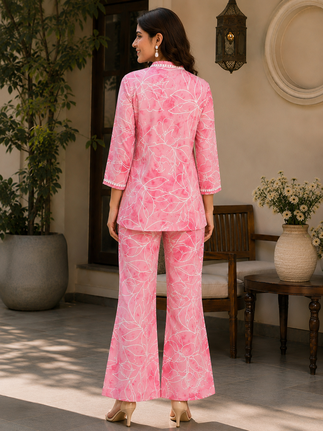 Pink Abstract Printed Cotton Casual Co-Ord Set for Women