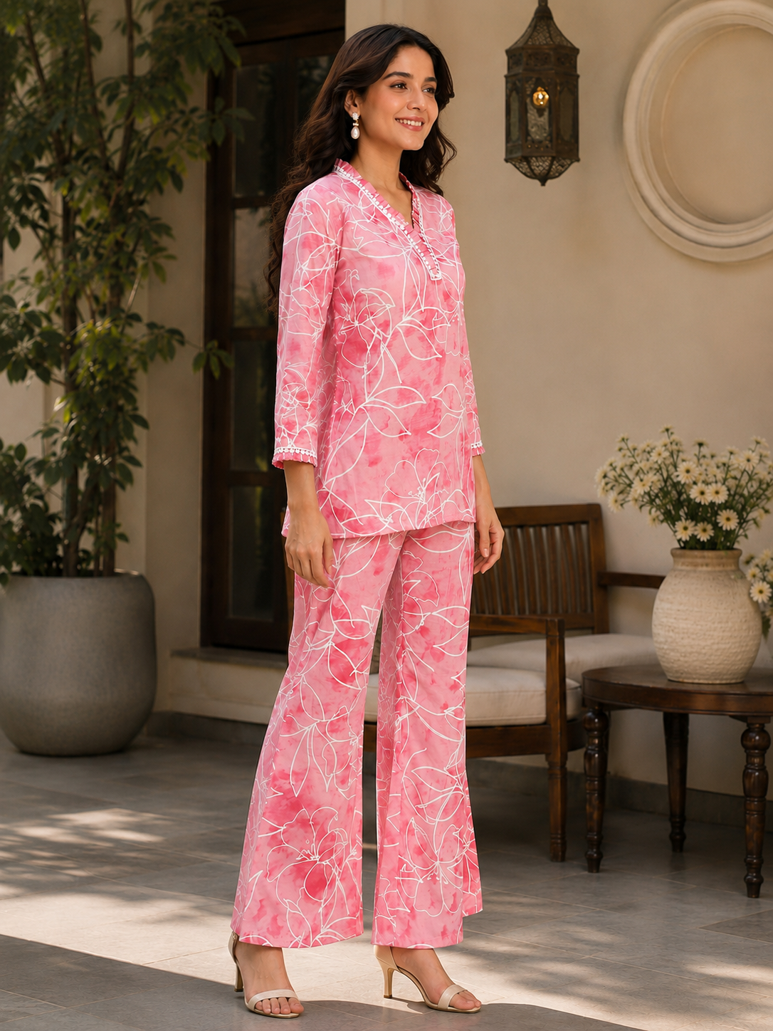 Pink Abstract Printed Cotton Casual Co-Ord Set for Women
