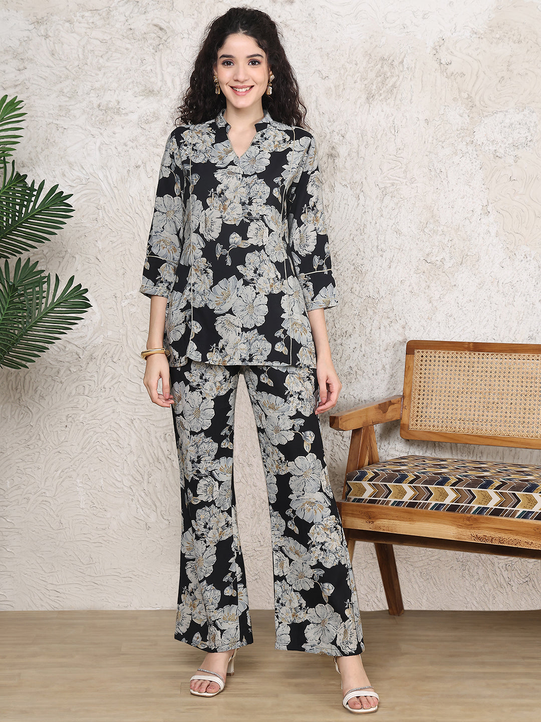 Black Abstract Printed Chanderi Silk Co-Ord Set for Women | Claura