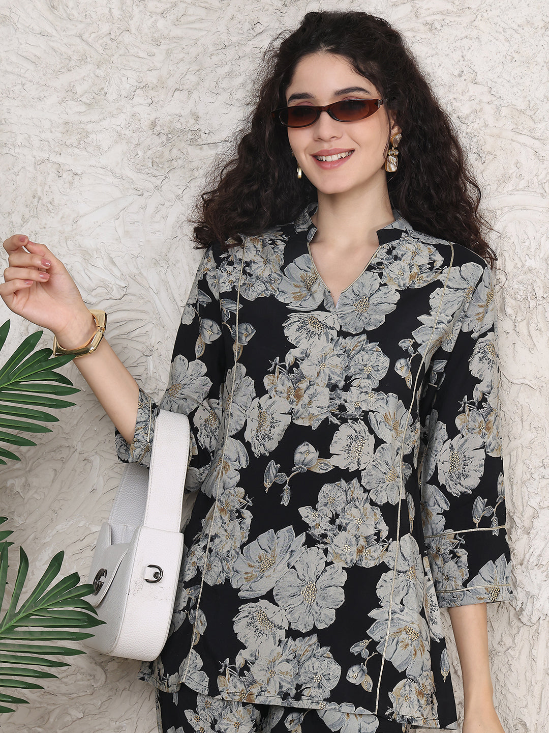 Black Abstract Printed Chanderi Silk Co-Ord Set for Women | Claura