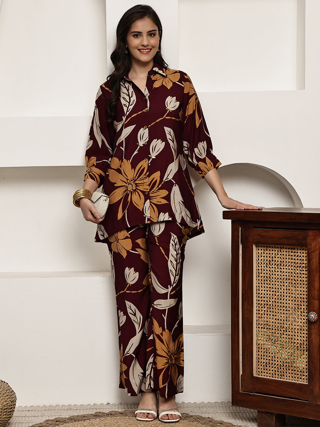 Woman wearing Maroon Floral Printed Co-Ord Set 
