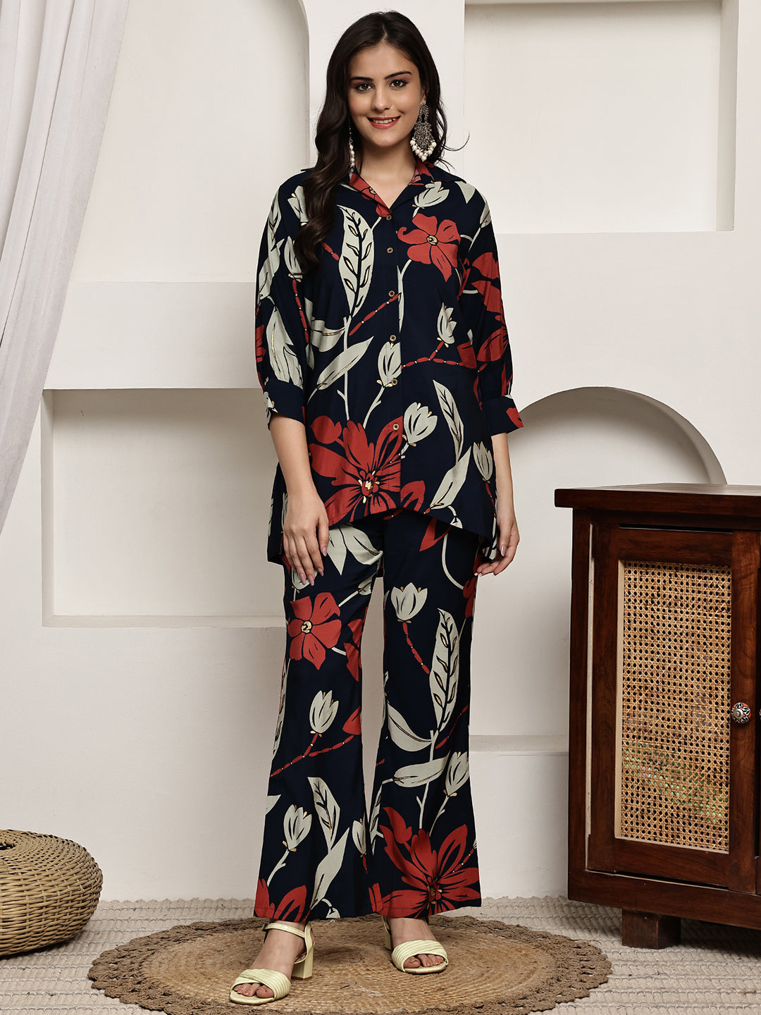 Woman wearing Navy Blue Floral Printed Co-Ord Set

