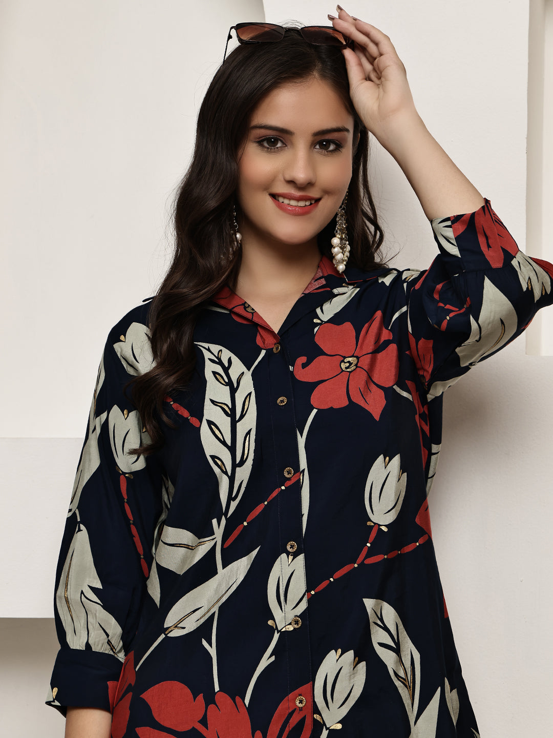 Close-up of Chanderi fabric and floral detail on Navy Blue Co-Ord Set

