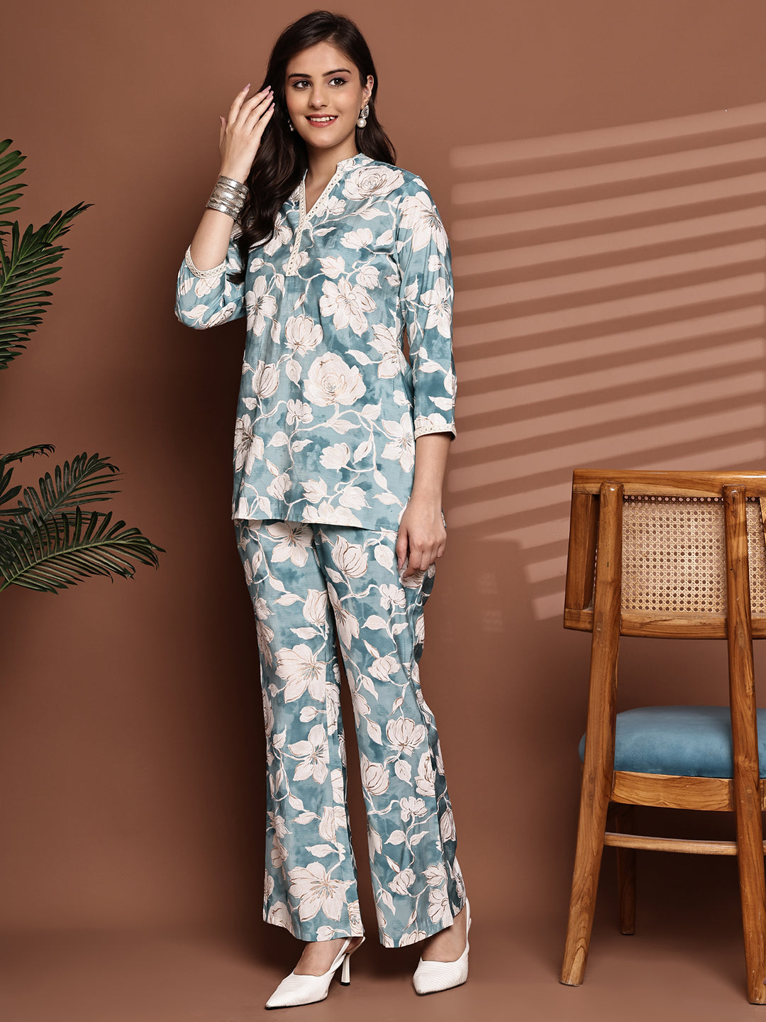 Lifestyle shot of Floral Chanderi Co-Ord Set at an outdoor brunch