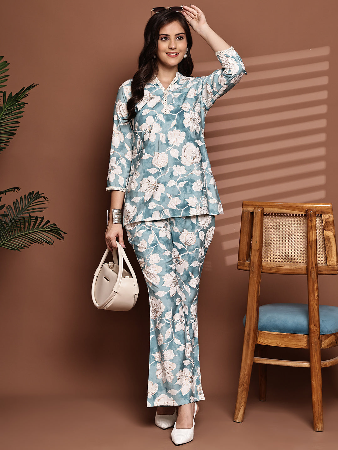 Woman wearing Blue Floral Co-Ord Set