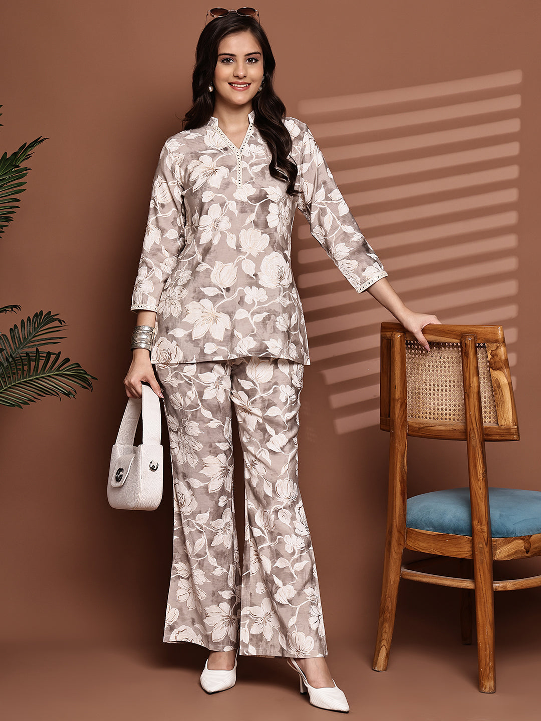 Woman wearing Cream Floral Tunic Co-Ord Set