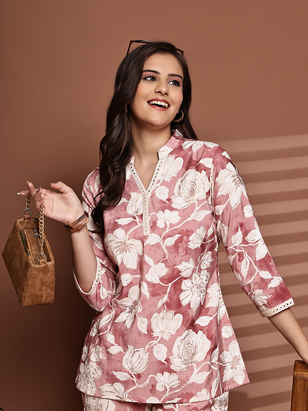 Close-up of Chanderi fabric on Pink Co-Ord Set