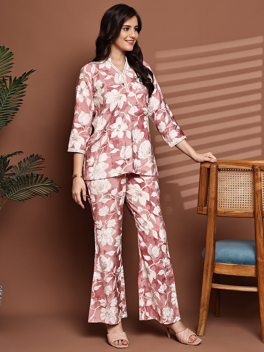 Lifestyle shot of Floral Printed Co-Ord Set at an outdoor cafe