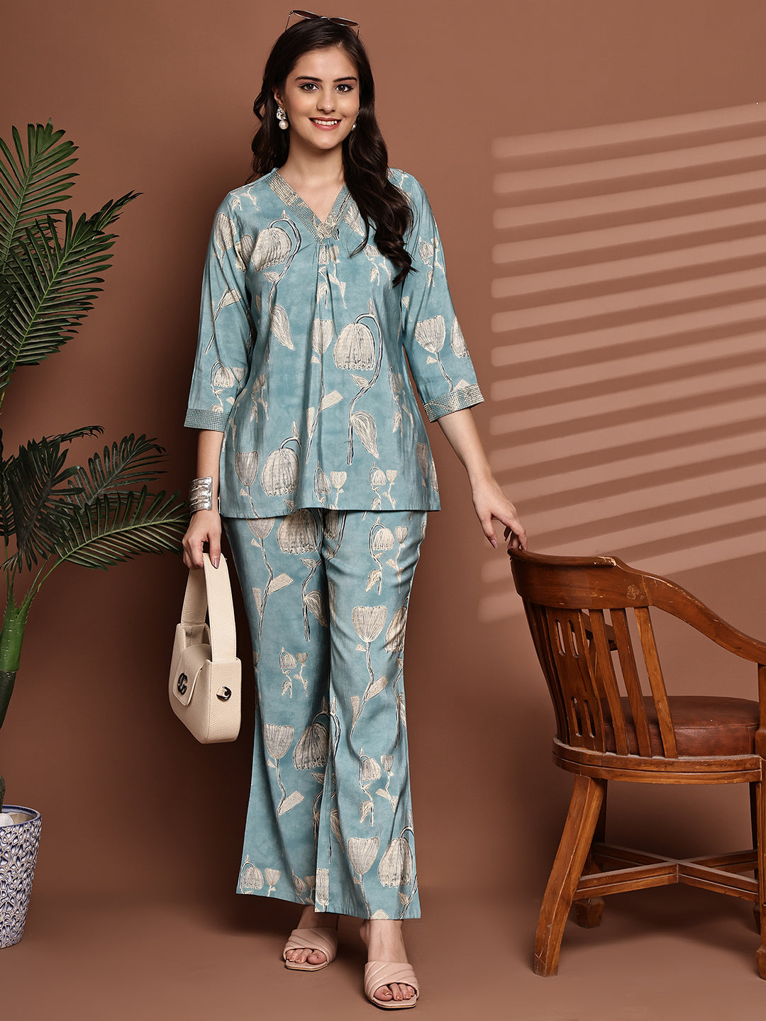 Woman wearing Blue Floral Co-Ord Set 