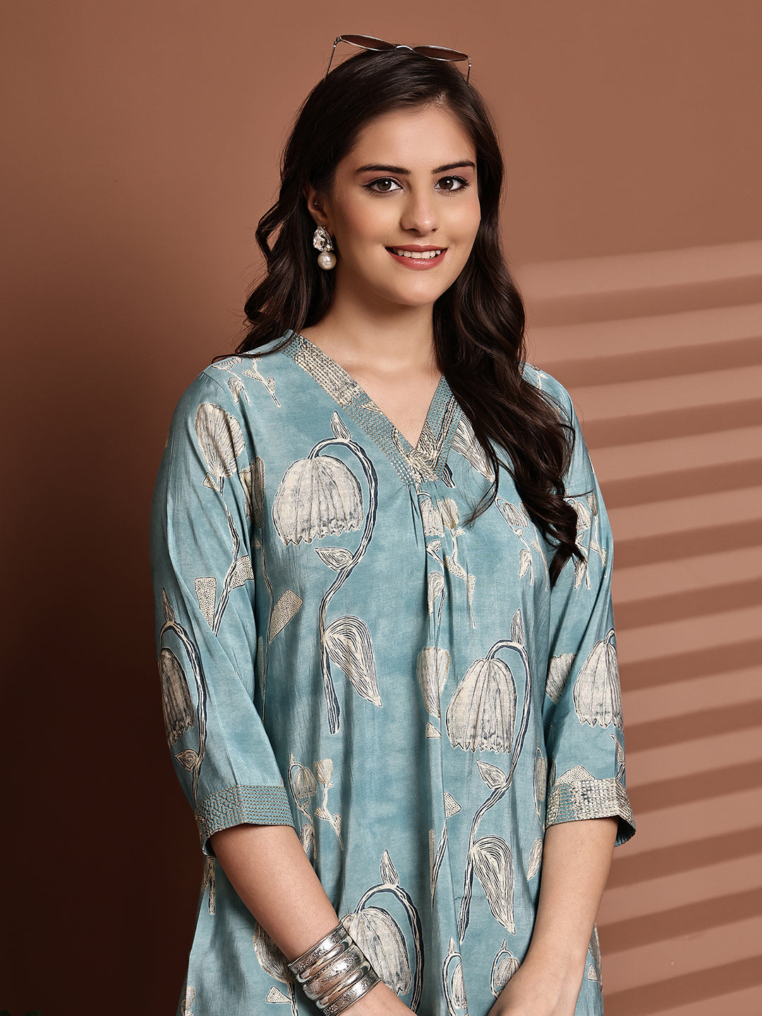 Close-up of Chanderi fabric detail on Blue Co-Ord Set