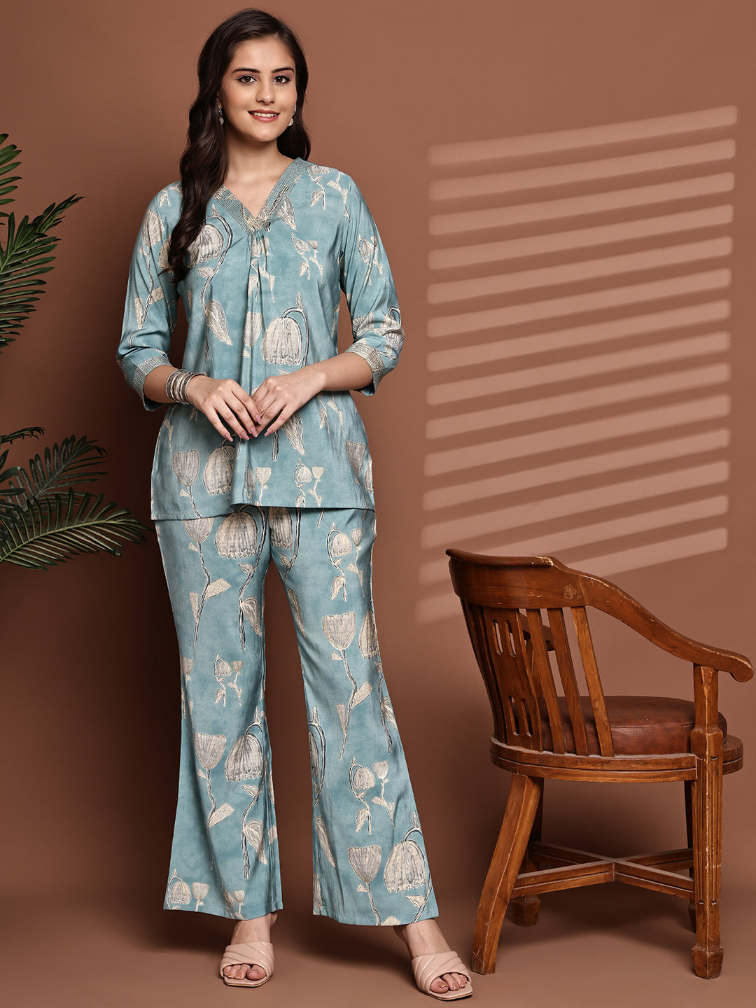 Blue Co-Ord Set with Trousers & V-Neck Tunic
