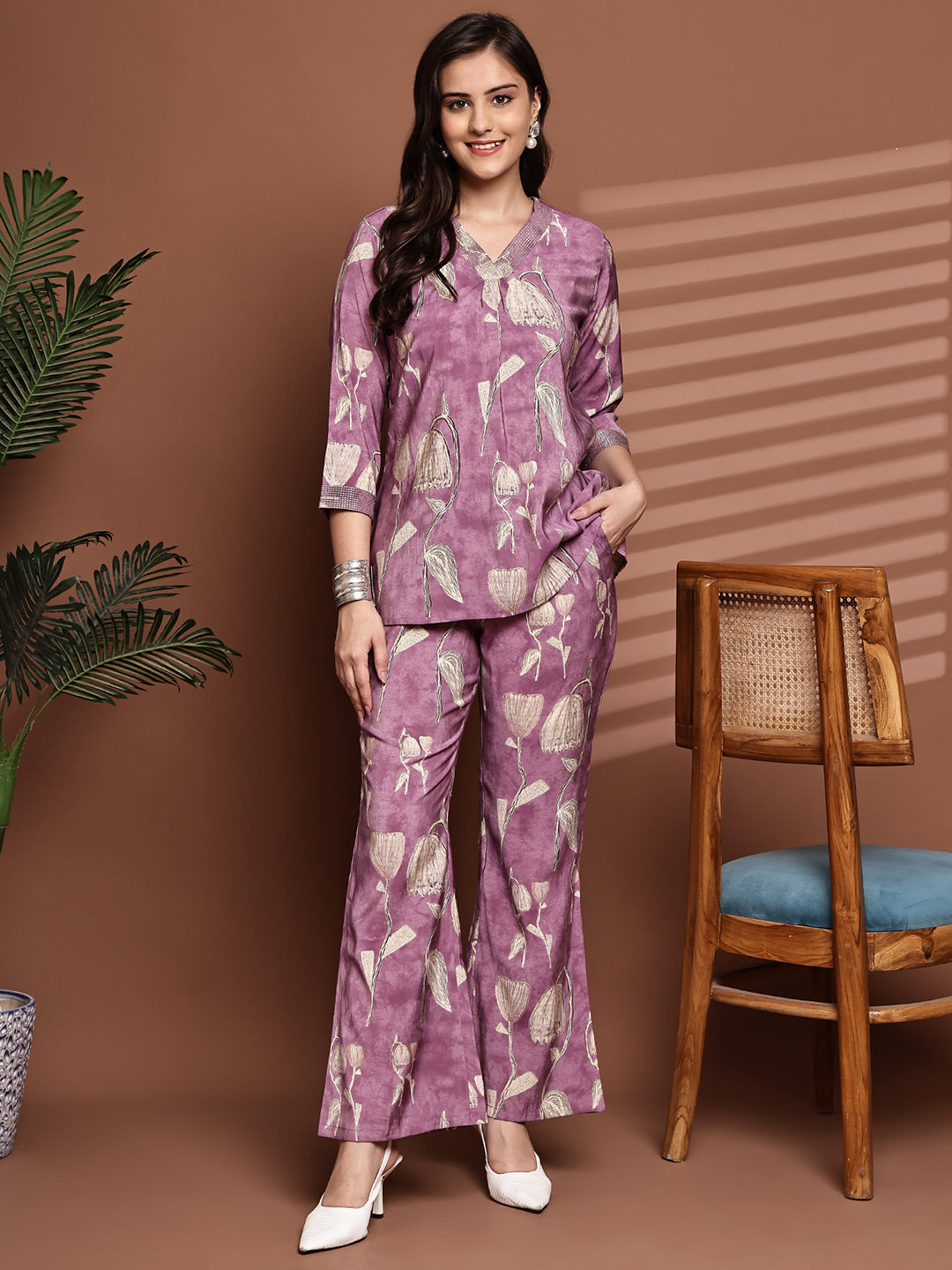 Woman wearing Mauve Floral Co-Ord Set 