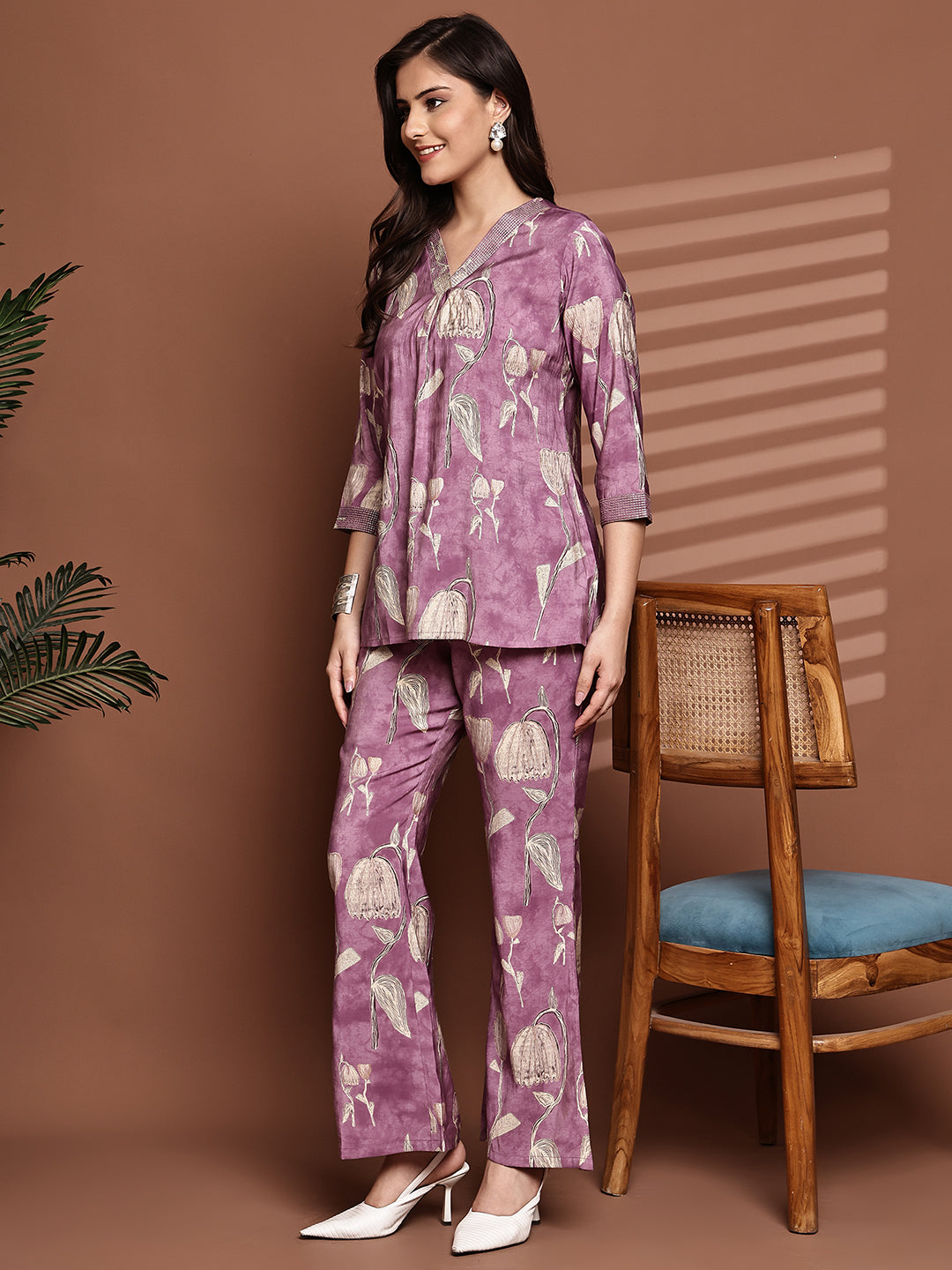 Back view of model styling Mauve co-ord outfit for daytime