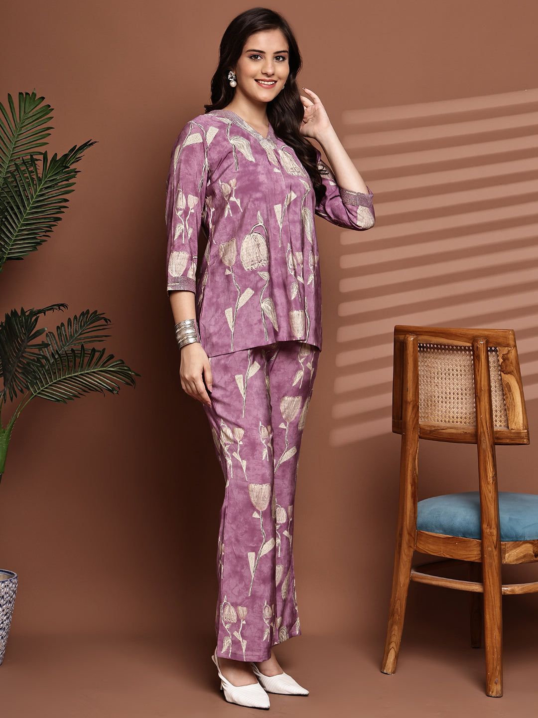 Back view of model styling Mauve co-ord outfit for daytime