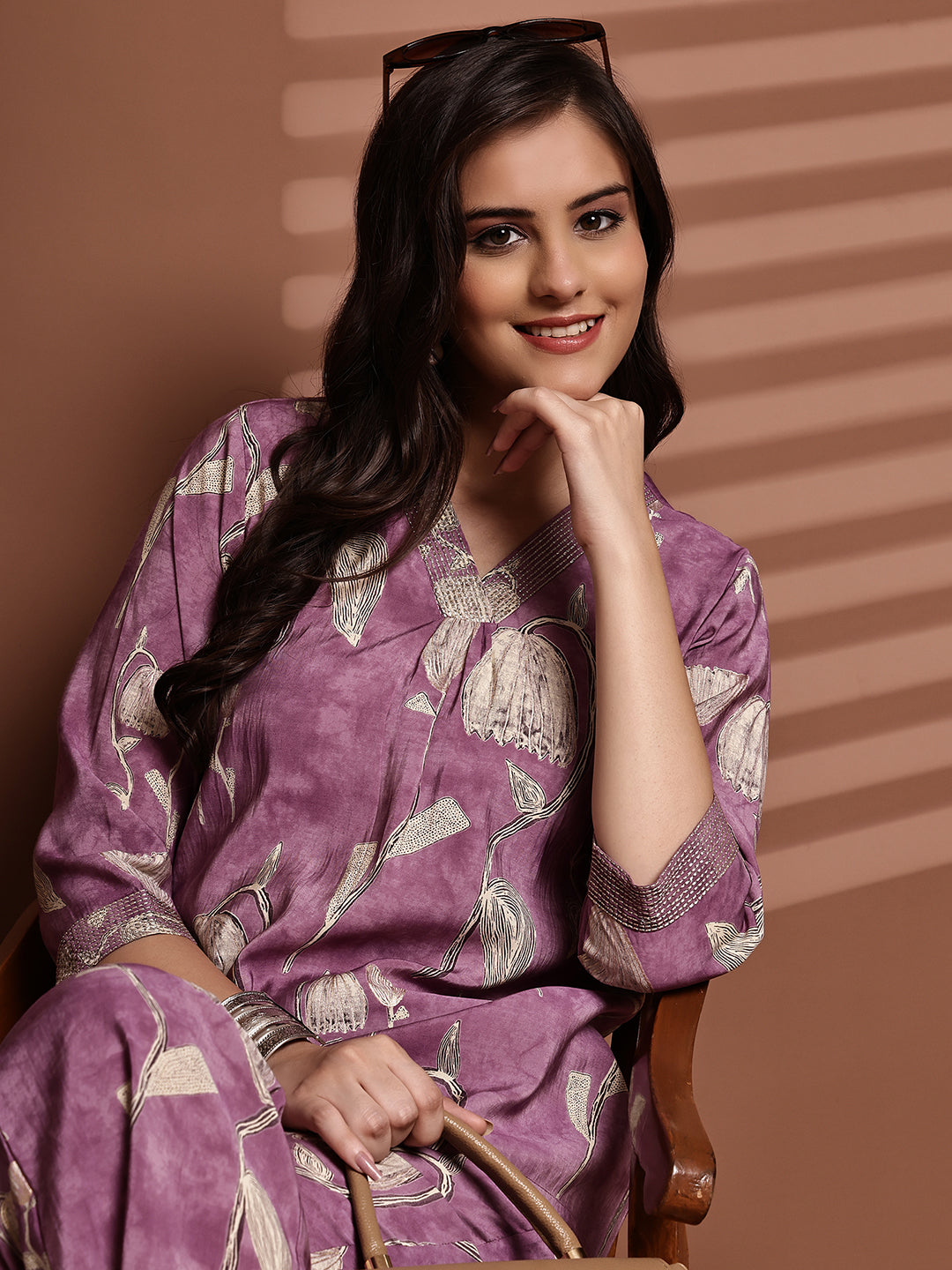 Close-up of Chanderi Silk fabric on Mauve Co-Ord Set tunic

