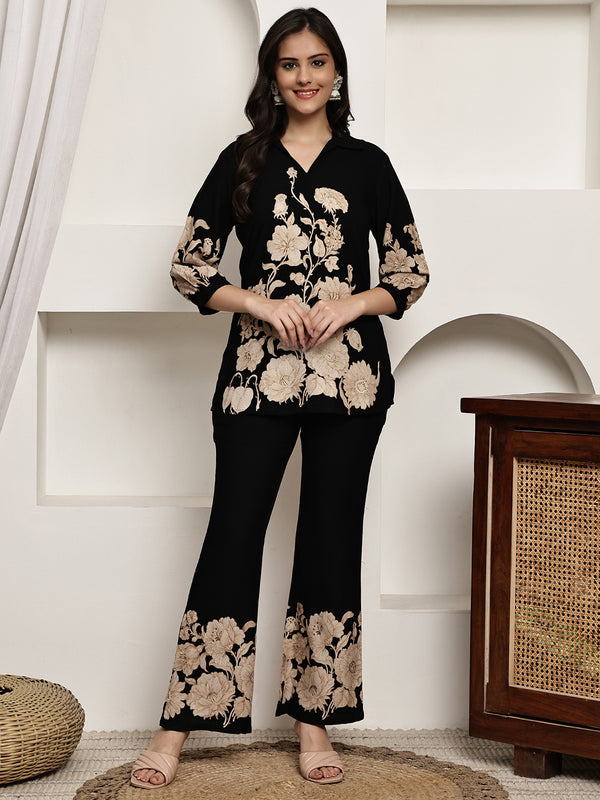Black Floral Viscose Rayon V-neck Co-ord Set for Women